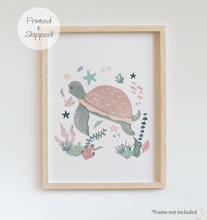 May include: A digital illustration of a pink and grey turtle swimming in a coral reef. The turtle is surrounded by coral, seaweed, starfish, and fish.