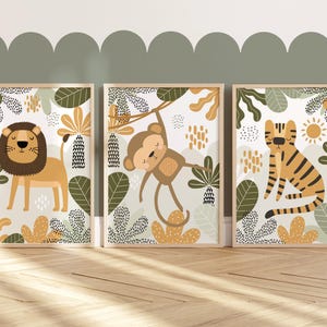 Juego de 3 láminas de animales de safari, láminas de safari para habitación infantil, láminas de jirafa, láminas de león, láminas de jungla, pósteres para dormitorio infantil, sala de juegos