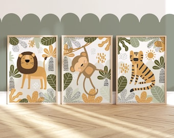 Set of 3 Safari Animals Prints, Safari Nursery Print, Giraffe Print, Lion Print, Jungle Print, Boys Bedroom Posters, Playroom