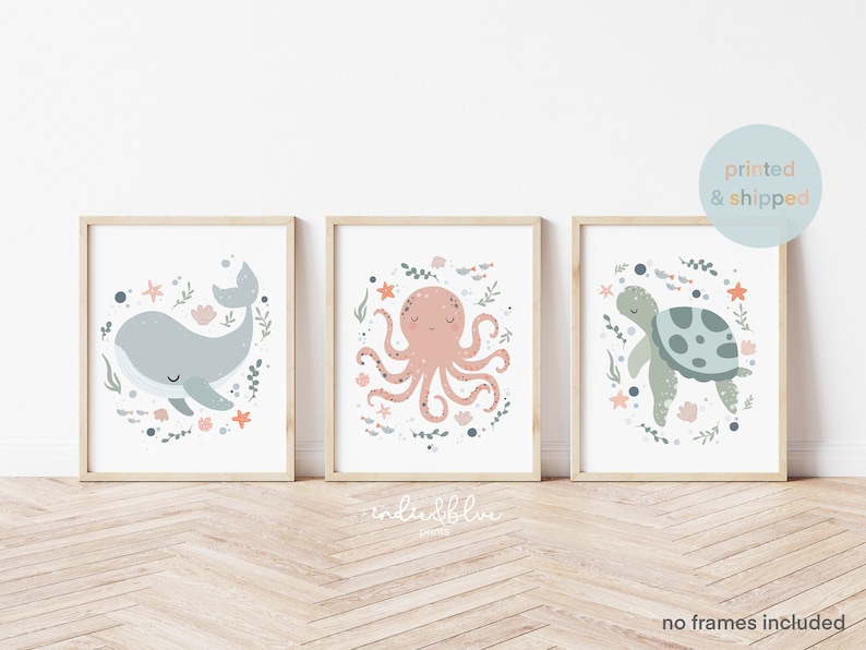 Set of 3 Unframed Sea Animals Prints, Ocean Nursery Prints, Under the Ocean Prints, Whale Print, Scandi Nursery Decor, Playroom Prints image 1