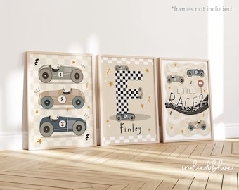 Set of 3 personalised race car name prints in neutral colours, retro vintage little racer checkered flag initial name print for boy bedroom