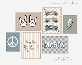 Personalised gallery wall set of 6 prints, toddler boy nursery bedroom prints, prints for playroom, boyhood, racing, cool prints for boys
