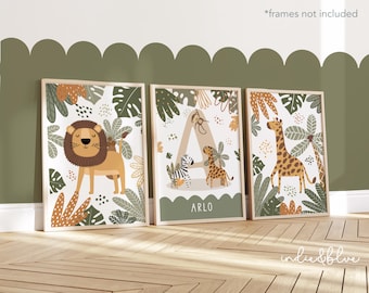 Set of 3, Personalised Safari Animals Prints, Safari Nursery Print, Giraffe Print, Lion Print, Jungle Print, Boys Bedroom Posters, Playroom