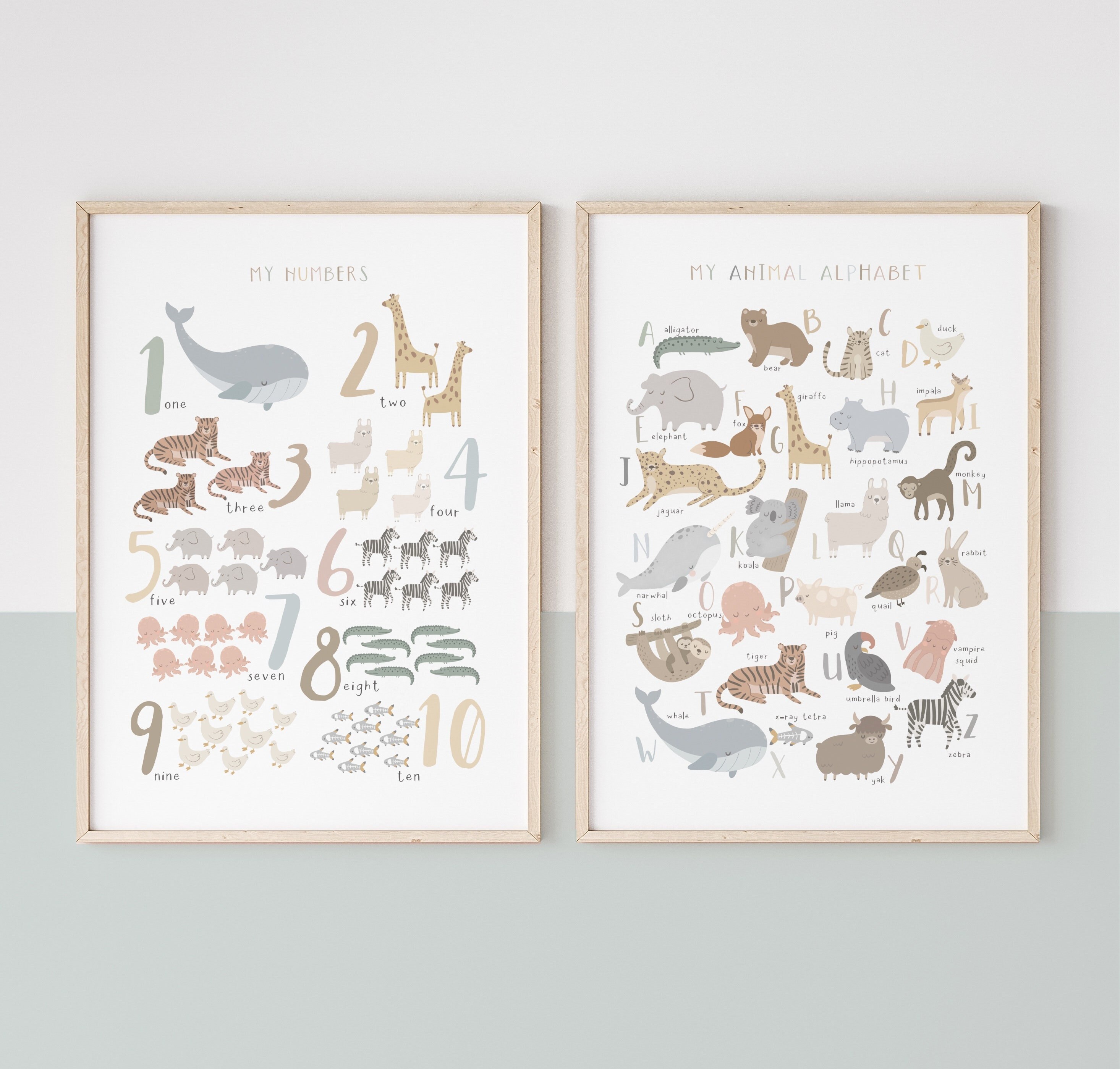 Animal Alphabet and Numbers Print Set in Neutral, Educational Prints, Scandi Nursery, Playroom Prints, Scandi Kids Art