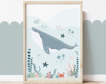 Whale Unframed Print, Under the Sea Nursery Print, Ocean Nursery Sea Animals, Scandi Nursery, Playroom Prints