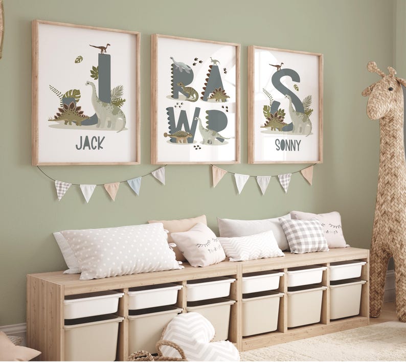 Set of 3 Personalised Dinosaur Posters, Matching Brothers Prints