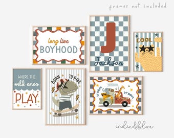 Personalised gallery wall set of 6 in bright colours, toddler boy nursery bedroom prints, bright prints for playroom, boyhood, world map