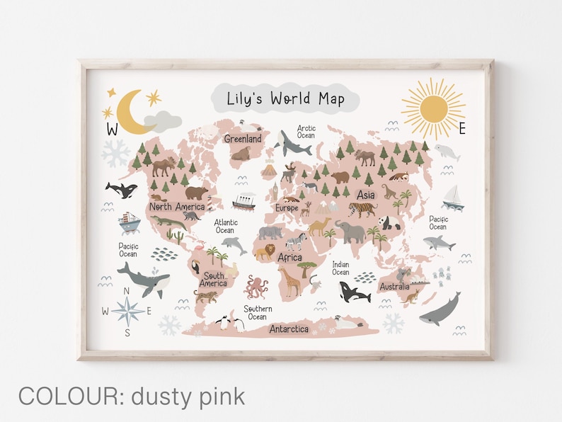 Może przedstawiać: Ilustrowana mapa świata w kolorze r&oacute;żowym i białym z zwierzętami i oceanami. Mapa nosi tytuł "Lily's World Map".