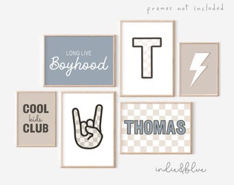 Personalised gallery wall set of 6 prints, blue and beige toddler boy nursery bedroom prints, boyhood, racing, cool prints for boys