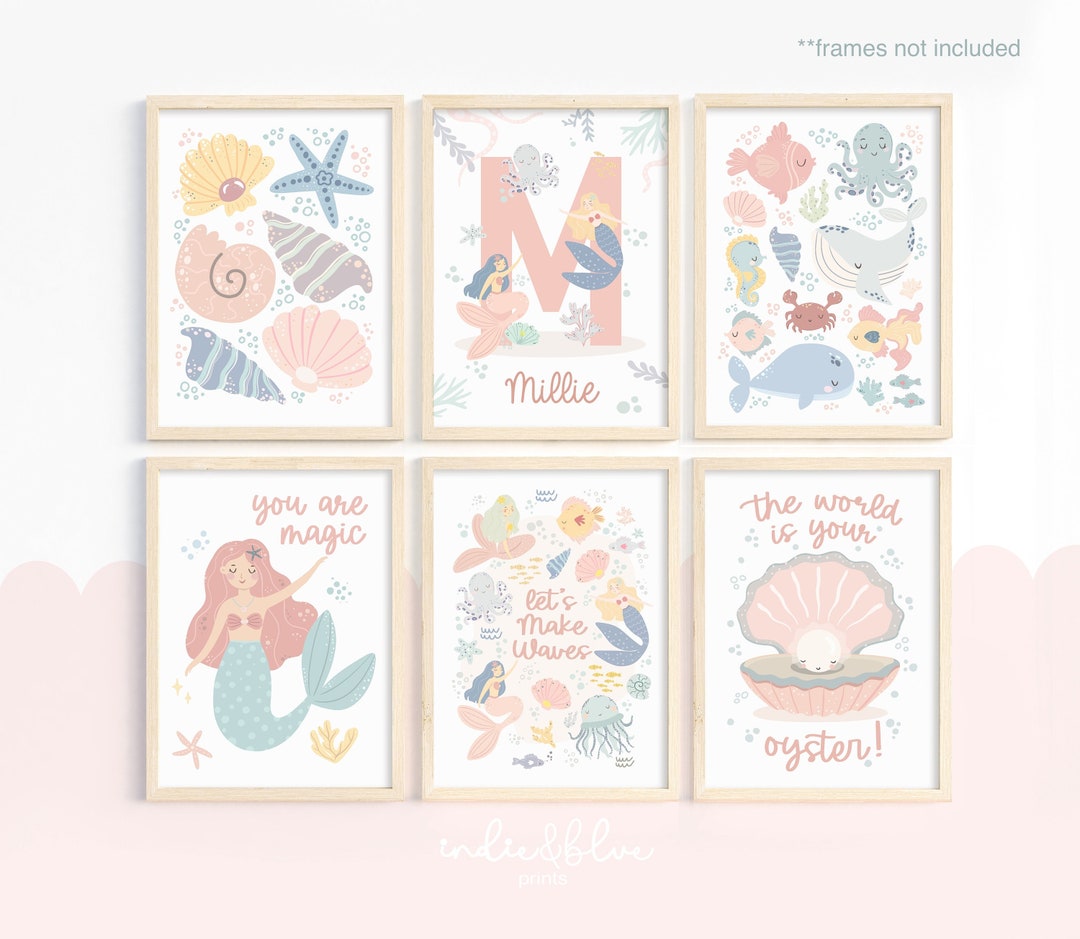 Set of 6 Personalised Mermaids Print Set in Pastel, Under the Ocean ...