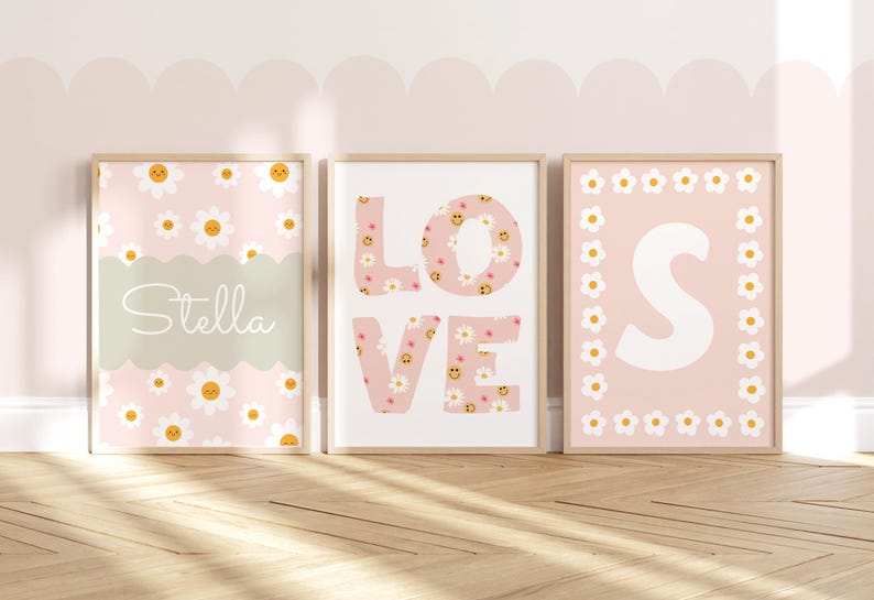 Set of 3 Personalised Flower Prints in Pastel, Wildflower Name Print