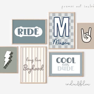 Personalised gallery wall set of 6 prints, blue and beige toddler boy nursery bedroom prints, boyhood, racing, cool prints for boys