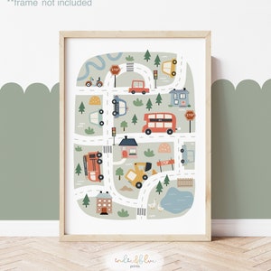 Impression carte voitures Scandi, impression transports, affiche éducative véhicules, décoration de chambre d'enfant, impressions de salle de jeux Scandi, art mural enfant