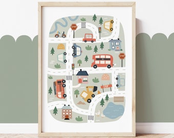 Scandi Cars Map Print, Transport Print, Vehicles Educational Poster, Boy Nursery Decor, Scandi Playroom Prints, Kids Wall Art