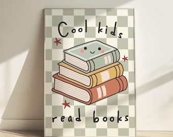 May include: A green and white checkered background with the text "Cool kids read books" in black. A stack of four books with a smiling face on the top book.