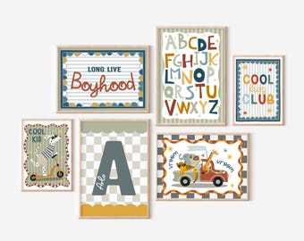 Personalised gallery wall set in bright colours, toddler boy nursery bedroom prints, bright prints for playroom, boyhood, world map