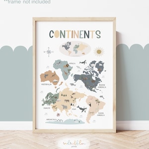 Kontinente Karte, ungerahmt Kontinente Karte, Weltkarte, Klassenzimmer Dekor, Lerndruck, Montessori Spielzimmer Druck, Skandinavische Kunst