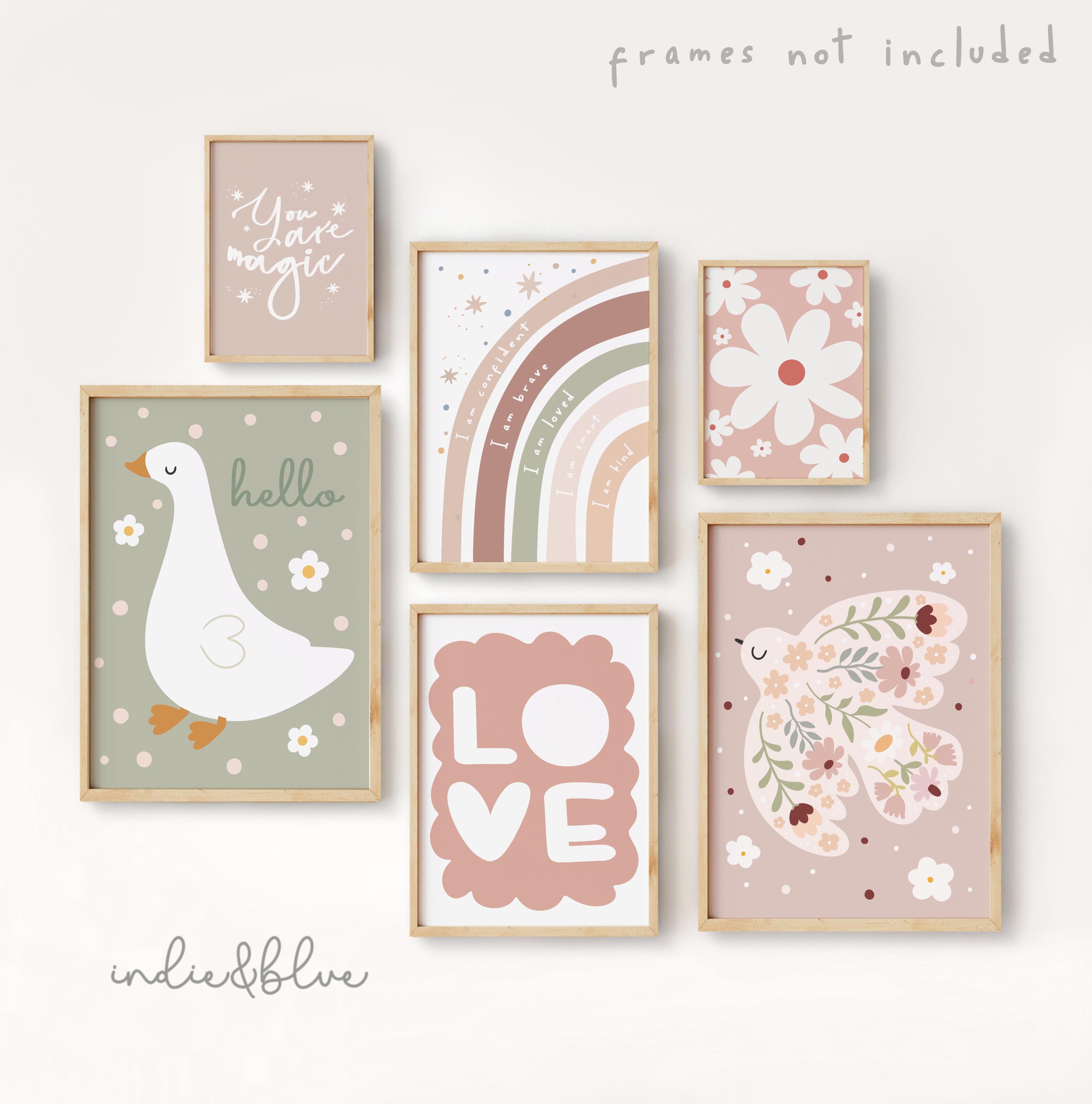 Set of 6 Girls Gallery Wall Prints, Sage Green and Dusky Pink ...