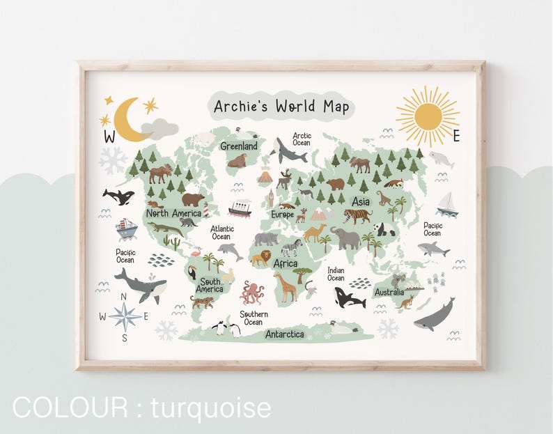 Może przedstawiać: Kolorowa mapa świata z zwierzętami i oceanami, zatytułowana "Archie's World Map". Mapa jest zilustrowana w fantazyjnym stylu z zielono-niebieską kolorystyką.