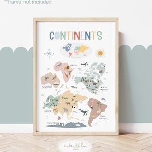 Tableau des continents arc-en-ciel, impression des continents sans cadre, carte du monde, décoration de la salle de classe, impression éducative, impressions de salle de jeux Montessori, art scandinave