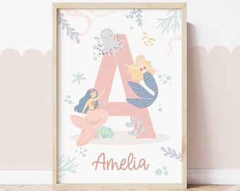 Personalised Mermaid Print, Under the Sea Nursery Print, Ocean Nursery Decor, Sea Animals Print, Girl Bedroom Prints
