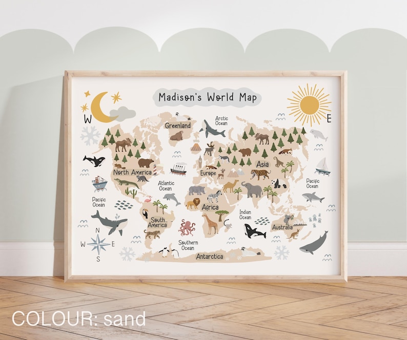 Może przedstawiać: Kolorowa mapa świata z beżowym tłem i ilustracjami zwierząt i kontynent&oacute;w. Mapa nosi tytuł "Madison's World Map" i zawiera tekst "COLOUR: sand".