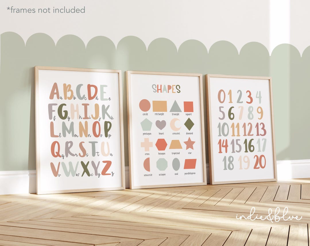 Set of 3 Pastel Educational Nursery Prints, Shapes Print, Alphabet ...