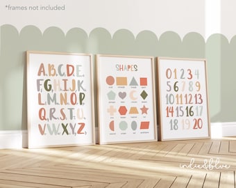 Juego de 3 impresiones educativas en colores pastel para guardería, impresión de formas, tabla del alfabeto, tabla de números, impresiones de arte de pared para sala de juegos