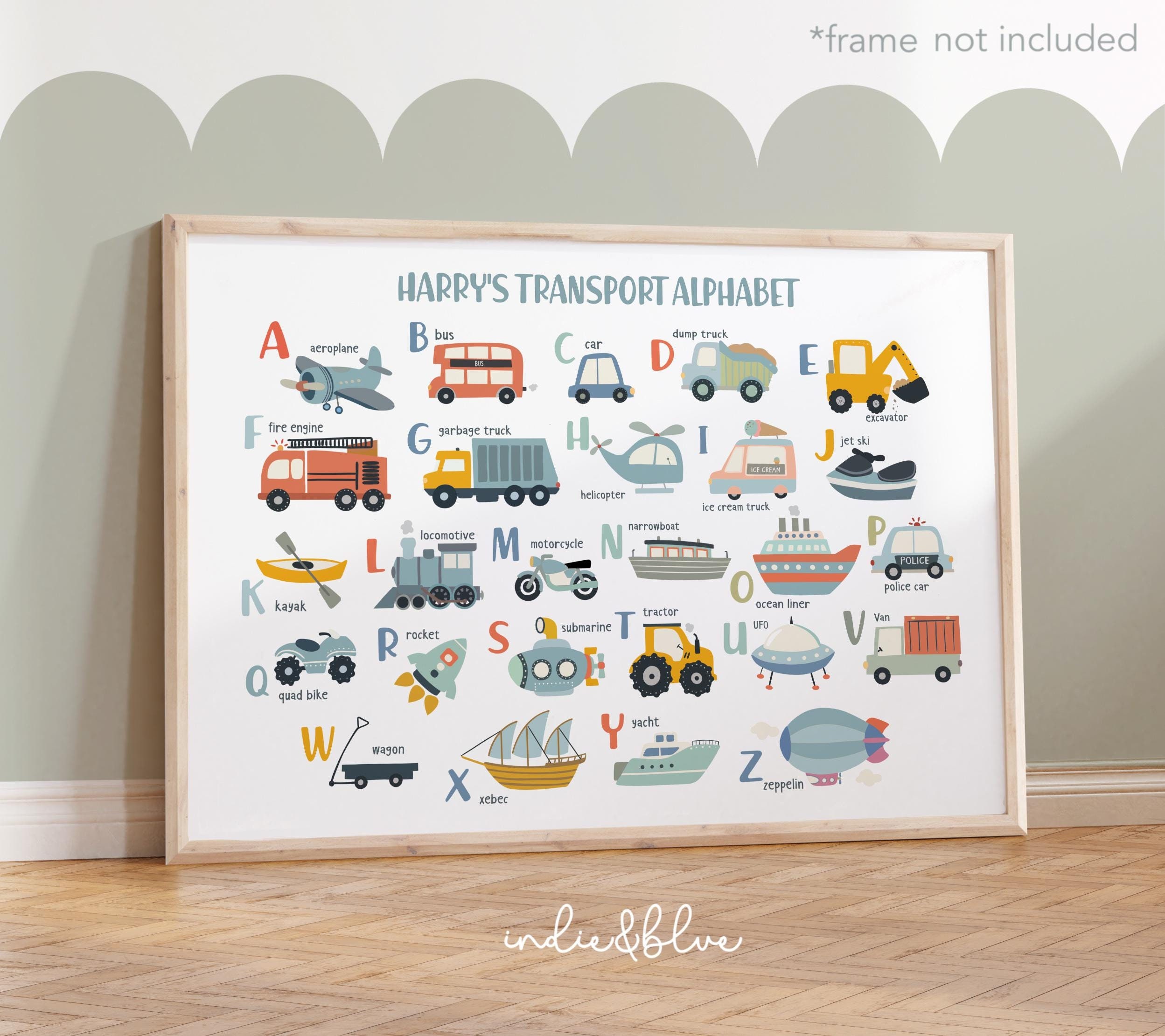 Personalised Transport ABC Alphabet Print in Blue, Vehicles Poster for ...