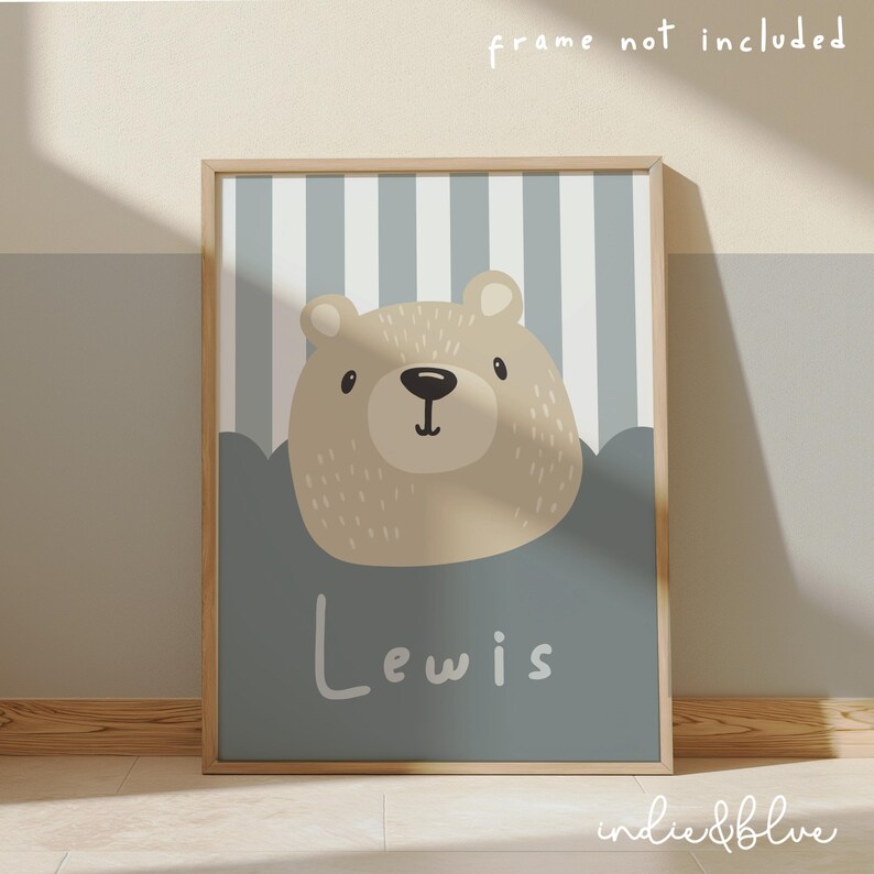 Personalised bear print in blue, cute bear poster, neutral kids playroom bedroom decor, boy nursery wall art bild 2