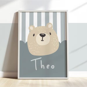 Personalised bear print in blue, cute bear poster, neutral kids playroom bedroom decor, boy nursery wall art bild 1