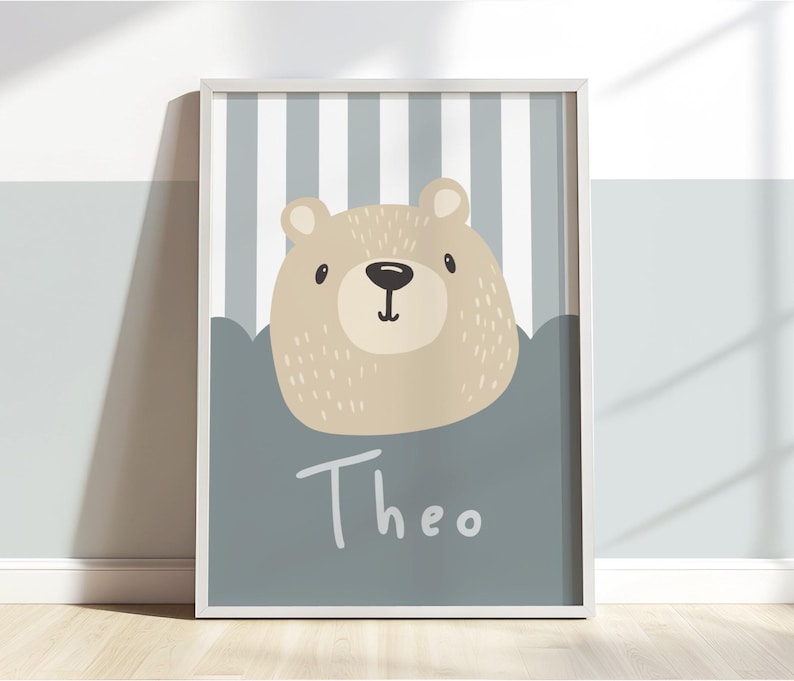 Personalised bear print in blue, cute bear poster, neutral kids playroom bedroom decor, boy nursery wall art bild 1