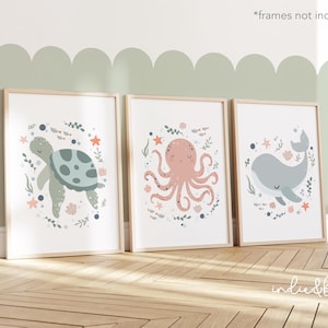 Set of 3 Unframed Sea Animals Prints, Ocean Nursery Prints, Under the Ocean Prints, Whale Print, Scandi Nursery Decor, Playroom Prints