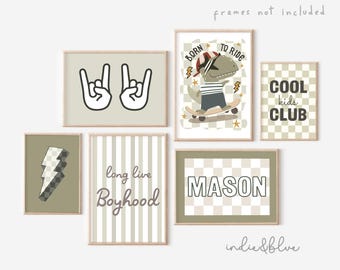 Personalised gallery wall set of 6 prints in green, toddler boy nursery bedroom prints, prints for playroom, boyhood, cool prints for boys