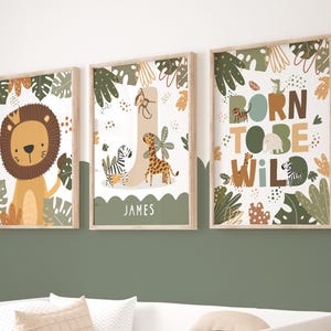 Juego de 3 láminas personalizadas de animales de safari, lámina de animales de la jungla con leones, arte infantil "Born to be Wild"