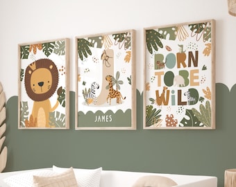 Set of 3 Personalised Safari Animals Prints, Lion Jungle Animals Print, Born to be Wild Kids Art