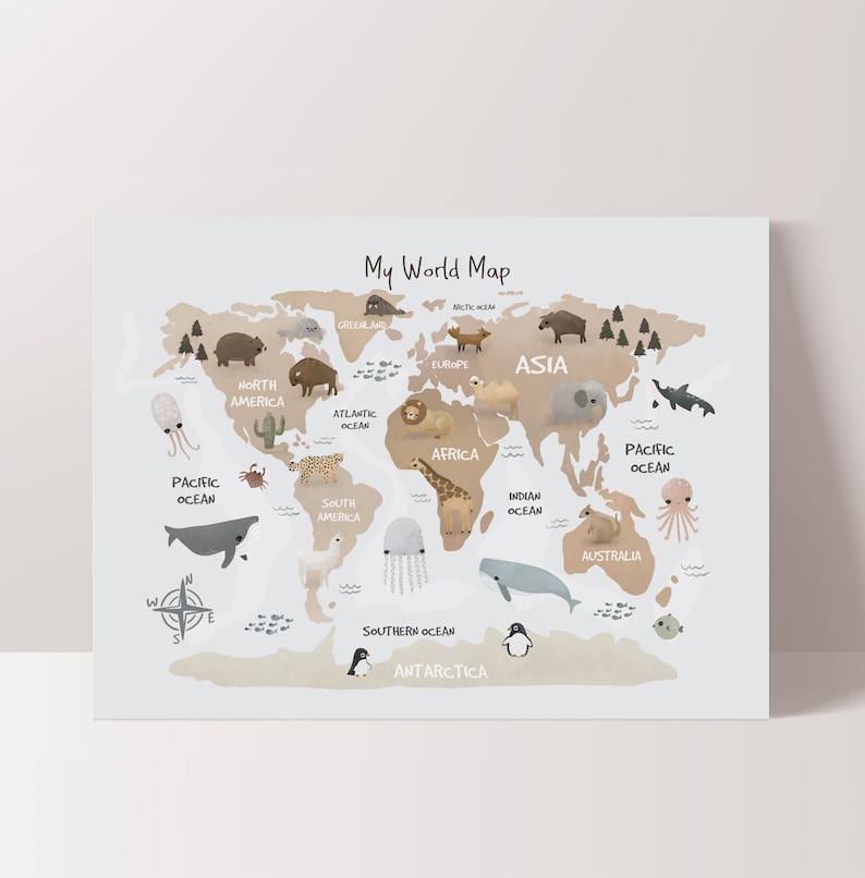 World Map Print Animal World Map Kids Poster Scandi Kids - Etsy
