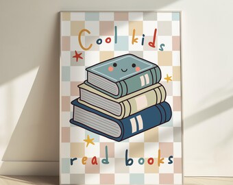 Cool kids read books in bright colours, checkered pattern boy prints, kids retro bedroom playroom, scandi nursery decor