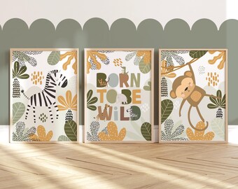 Safari Animals Prints, Set of 3, Safari Nursery Print, Zebrs Print, Monkey Print, Jungle Print, Neutral Playroom