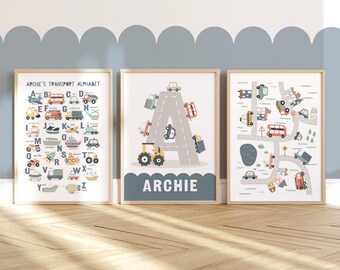 Personalised Set of 3 Transport Posters in blue, Vehicle Alphabet Print, Cars Print, Boy Bedroom Decor, Playroom Prints