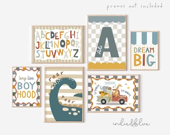 Personalised gallery wall set in bright colours, retro toddler boy nursery bedroom prints, kids prints for playroom, boyhood, world map