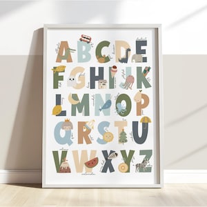 Tableau de l'alphabet en bleu et vert, impression alphabet sans cadre, décoration de chambre d'enfant ABC, impression éducative, impressions de salle de jeux Montessori, art scandinave pour enfants