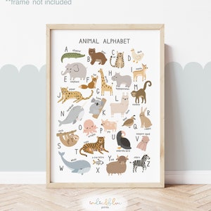Imprimé alphabet animal, décoration de chambre d'enfant Scandi, tableau de l'alphabet, impression éducative, impressions de salle de jeux Montessori, art scandinave pour enfants