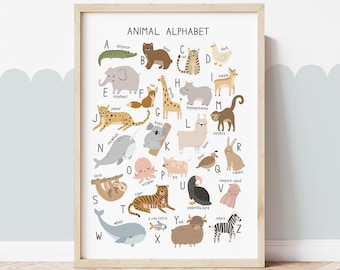 Animal Alphabet Chart Print, Scandi Nursery Decor, Alphabet Chart, Educational Print, Montessori Playroom Prints, Scandi Kids Art