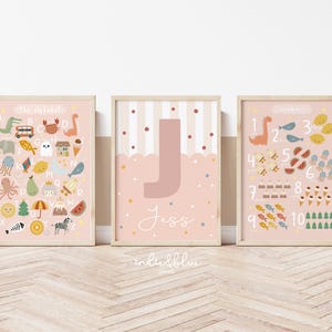 Juego de 3 impresiones de niña en tonos pastel, impresión de nombre personalizada, póster con alfabeto y números, arte de pared para dormitorio de niña