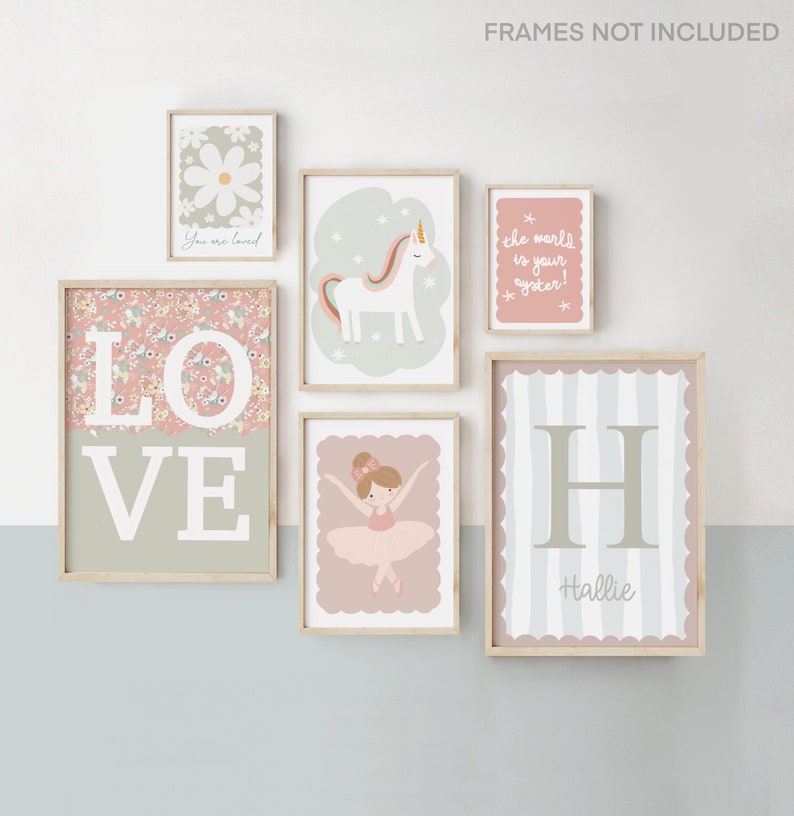 Set of 6 Personalised Gallery Wall Prints in Pastel, Girl Bedroom Decor