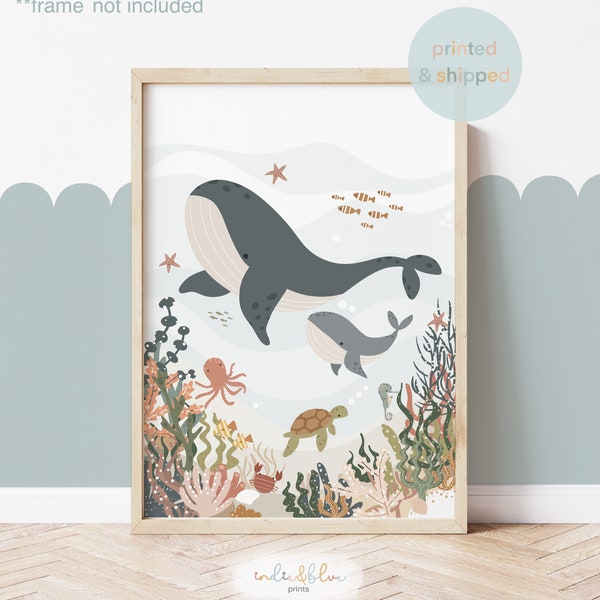 Whale Unframed Print, Under the Sea Nursery Print, Nautical Nursery, Ocean Nursery Sea Animals, Scandi Nursery, Playroom Prints