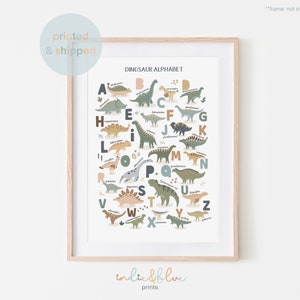 May include: A colorful dinosaur alphabet chart with illustrations of each dinosaur. The chart is framed in a light wood frame and has the text "Dinosaur Alphabet" at the top.