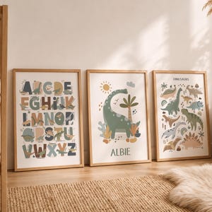 Set of 3 Personalised Dinosaur Posters, Alphabet Print, Dinosaur Chart Print, Dinosaur Bedroom Decor, Playroom Prints, Scandi Kids Ar