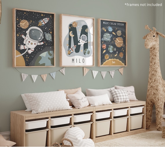 Personalised Space Print Set of 3, Astronaut Prints, Solar Sytem Personalised Name Print, Scandi Space Nursery, Playroom Prints